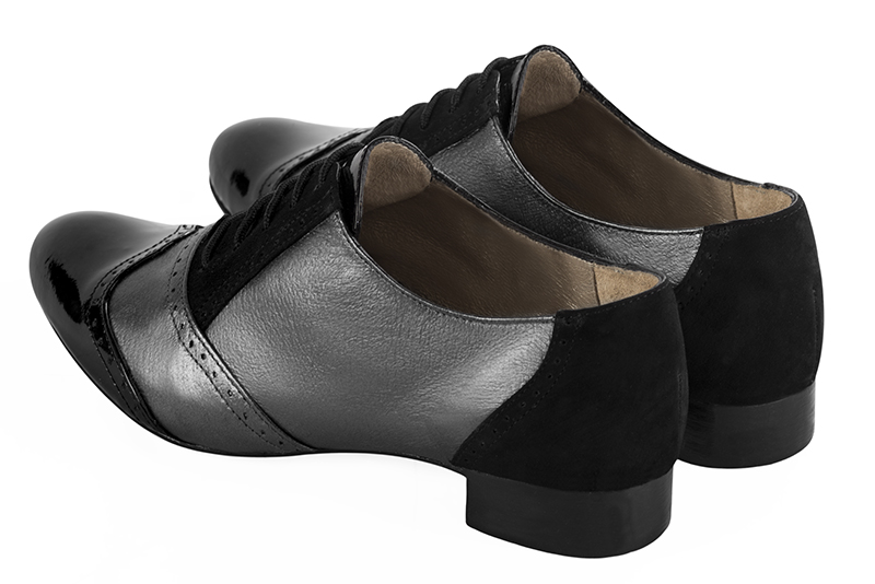Gloss black and dark silver women's fashion lace-up shoes. Round toe. Flat leather soles. Rear view - Florence KOOIJMAN